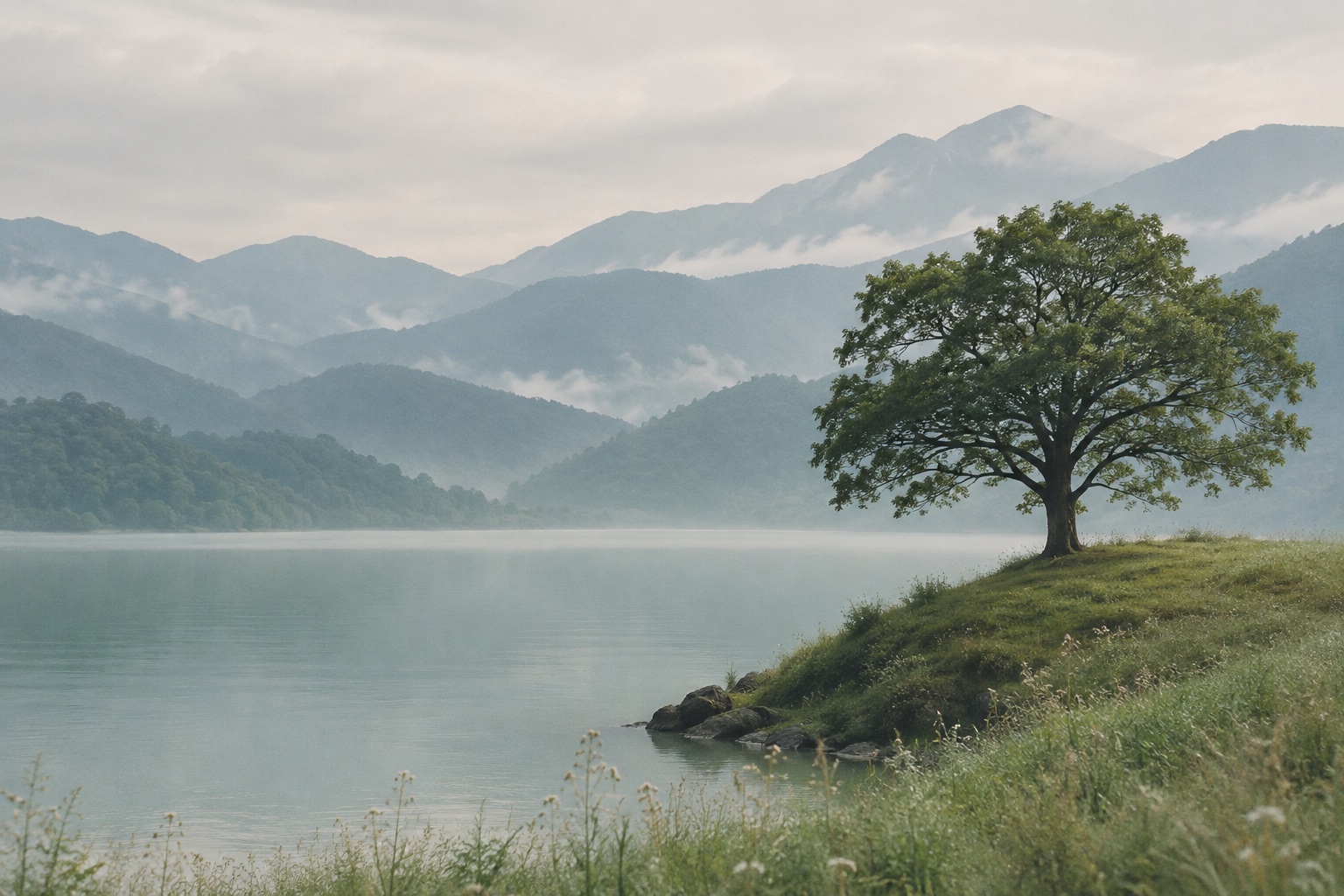 视觉样图：薄雾笼罩群山，一棵树静立在浅绿色湖水旁